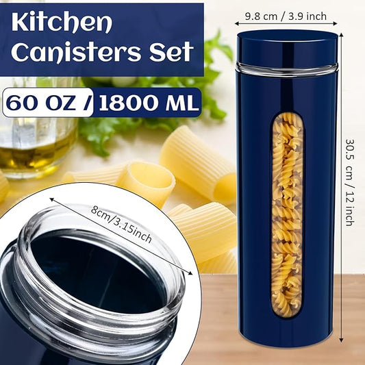 Mimorou 6 Pack Kitchen Canisters Set Airtight Coffee Sugar Tea Storage Jars with Window Glass Stainless Steel Containers with Lids for Flour Cookies Spices Grains Kitchen Decorations(Navy Blue,60 oz)