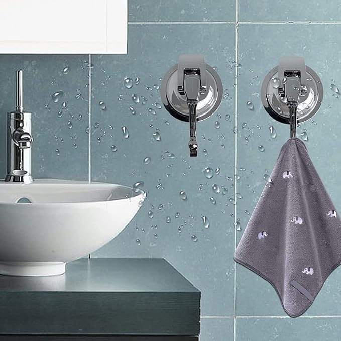 YSSILADI Heavy Duty Vacuum Suction Shower Hooks - Glass Suction Cup Hooks, Bathroom Robe Hooks, Reusable, No Hole Punched, for Garland Decoration (Silver Grey, 4 Pack)