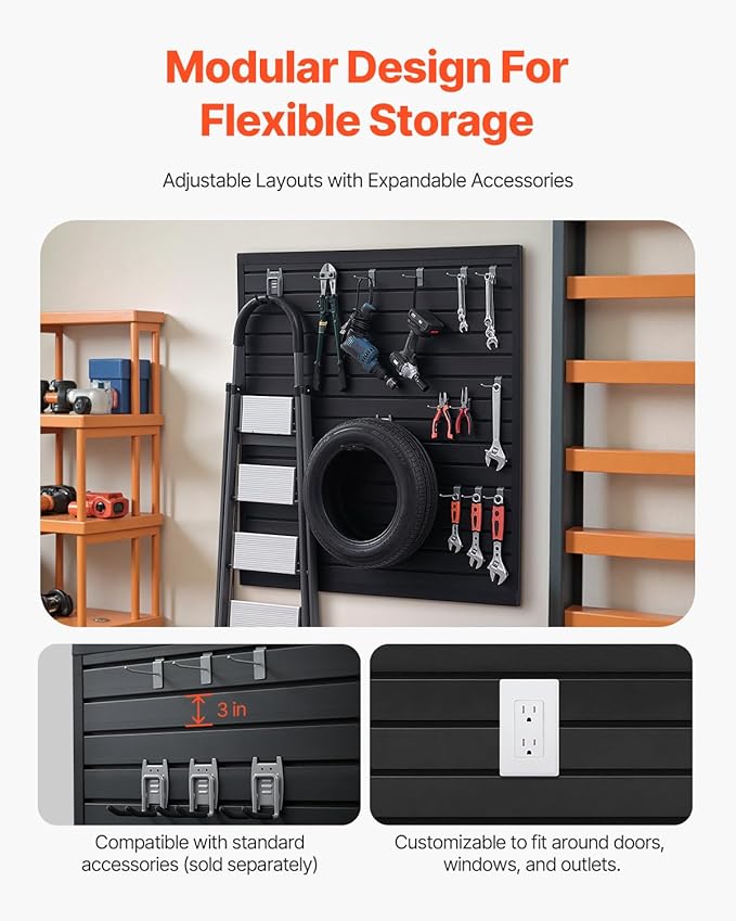 VEVOR Slat Wall Paneling, 4 x 4 ft, PVC Garage Slatwall with Modular Design, Black Slat Wall Easy-to-Install Adjustable Slatwall Panel with Coupling Structure & DIY Cutting, Fits for Storage & Display