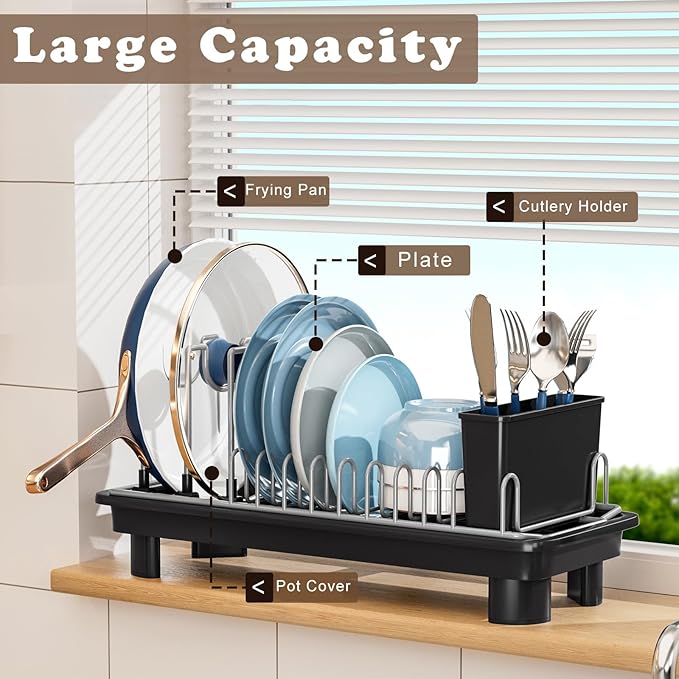 SOVGIZF Compact Dish Drying Rack with Utensil Holder – Small Countertop Dish Drainer with 360° Rotating Drain Spout, Stainless Steel Dish Rack for Kitchen Sink, Space-Saving Design for Small Kitchen