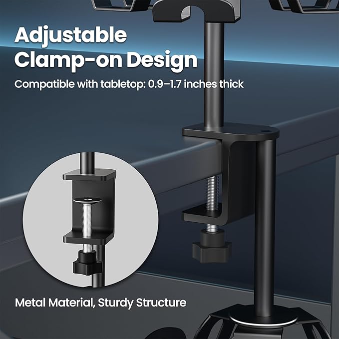 Rotatable Aluminum Desk Clamp Controller Holder, 4 Tier Universal Under Desk Controller Headphone Stand Compatible with Xbox PS5 Nintendo Switch PS4, Gaming Headset Holder Hanger (Black)