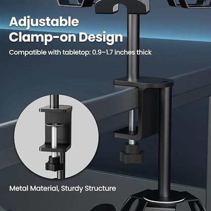Rotatable Aluminum Desk Clamp Controller Holder, 4 Tier Universal Under Desk Controller Headphone Stand Compatible with Xbox PS5 Nintendo Switch PS4, Gaming Headset Holder Hanger (Black)