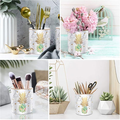 WAVEYU Cute Aesthetic Pencil Holder for Desk, Pineapple Pen Cup Holder, Pretty Office Accessories for Girls Women, Ceramic Organizers, Makeup Brush Holder for Home, Green Pineapple
