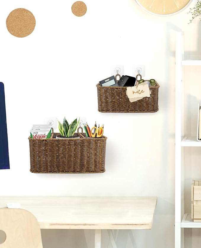 AceList Wall Hanging Basket with Compartment, Woven Hanging Storage Baskets with Hooks - Set of 2, Boho Organizer for Toilet Tank, Bathroom, Kitchen, and Pantry Decor