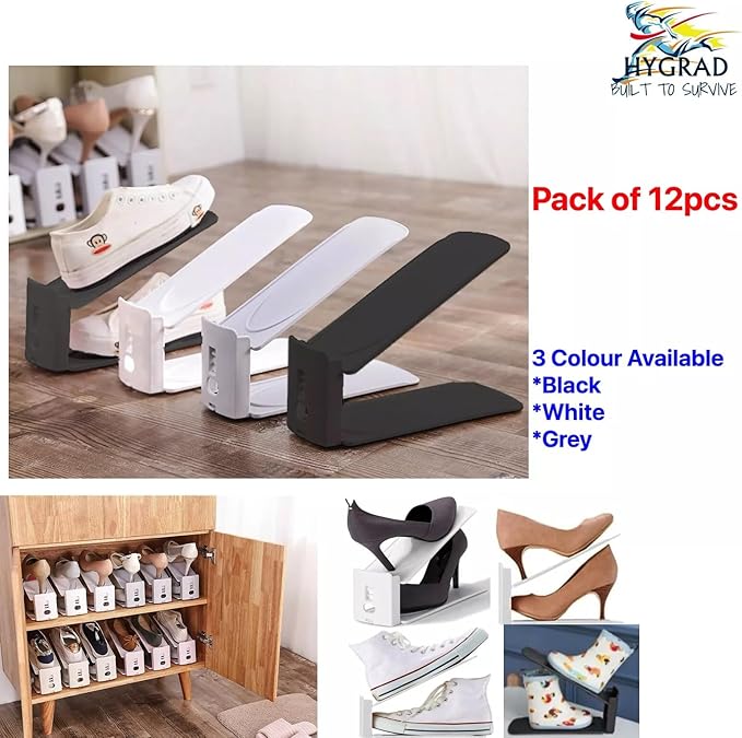Pack of 12 Slot Organizer Storage - Adjustable 3-Level Height Shoe Organiser With Non-Slip Space Saver Holder for All Styles - Stacker Rack Suitable for Women and Men (White)