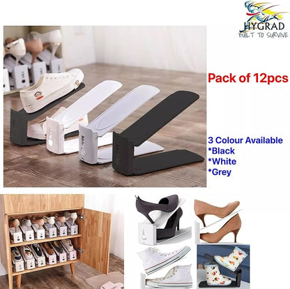 Pack of 12 Slot Organizer Storage - Adjustable 3-Level Height Shoe Organiser With Non-Slip Space Saver Holder for All Styles - Stacker Rack Suitable for Women and Men (White)