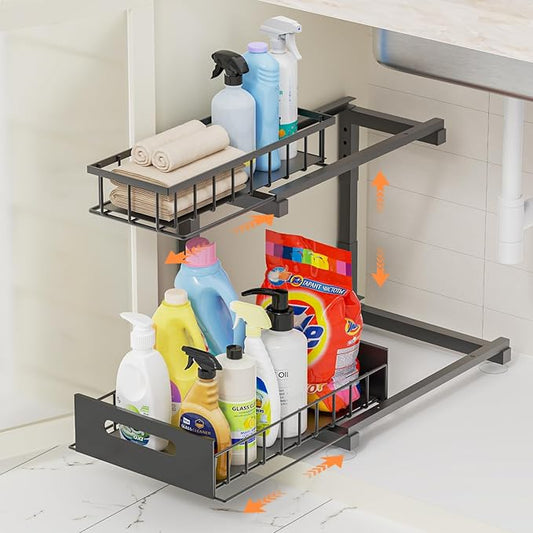 Toyear Under Sink Organizer, Heavy Duty Metal Pull Out Cabinet Organizer Slide Out Sink Shelf Organizer Height Adjustable, Multi-Purpose Storage Shelf for Kitchen Bathroom(Black,1Pack)