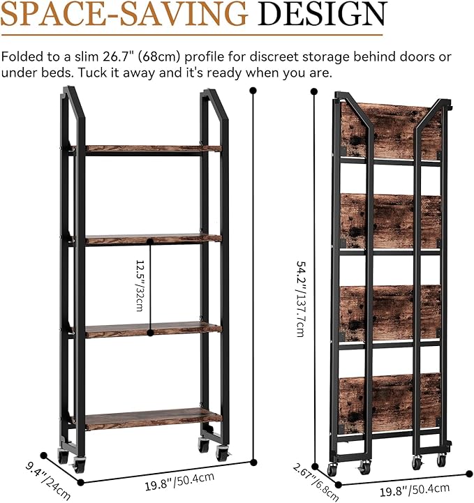 No Assembly Folding Bookshelf for Living Room, 4 Tier Collapsible Book Shelf for Home Office, Portable Bookcase Storage Organizer