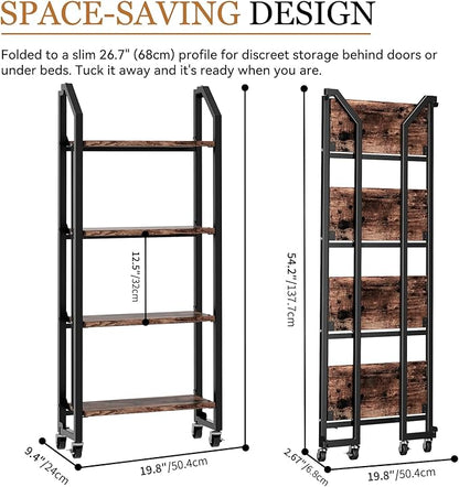 No Assembly Folding Bookshelf for Living Room, 4 Tier Collapsible Book Shelf for Home Office, Portable Bookcase Storage Organizer