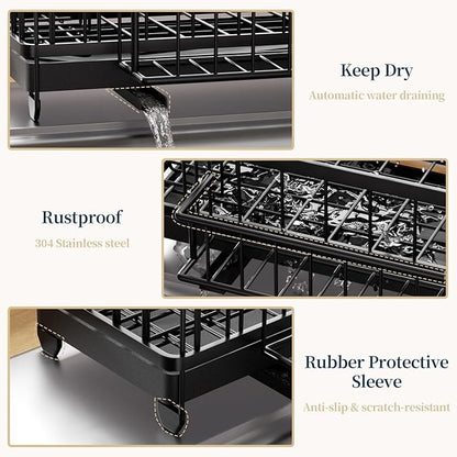 Consuemst Sponge Holder for Kitchen Sink - Auto Draining Sink Caddy Organizer with Detachable Rack, High Brush Holder, Kitchen Countertop Storage Accessories, Black