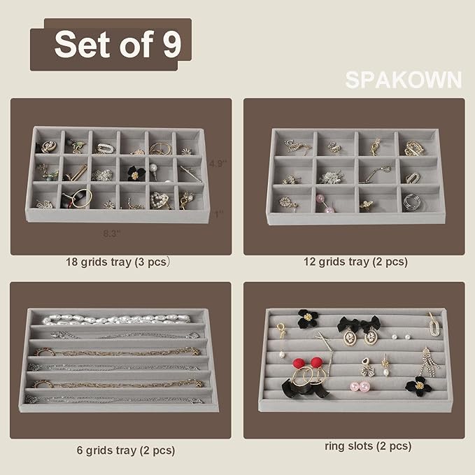 SPAKOWN Jewelry Organizer for Drawer, Adjustable Velvet Jewelry Tray, Stackable Necklace Organizer Earring Holder Organizer Ring Tray Jewelry Storage Display Drawer Inserts Set of 9 (Grey)