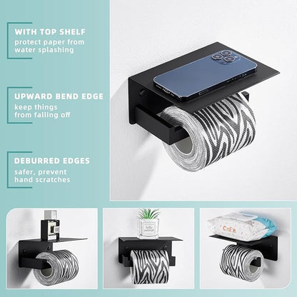 Suyar Toilet Paper Holder with Shelf Matte Black, SUS 304 Stainless Steel Wall Mounted Tissue Holder Phone Shelf for Bathroom