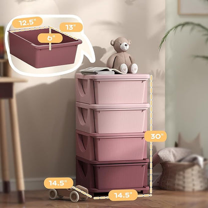 Qaba 4 Tier Kids Storage Unit, Toy Organizers and Storage with 4 Drawer Chest for Kids Bedroom Nursery Kindergarten Living Room for Boys Girls Toddlers, Pink