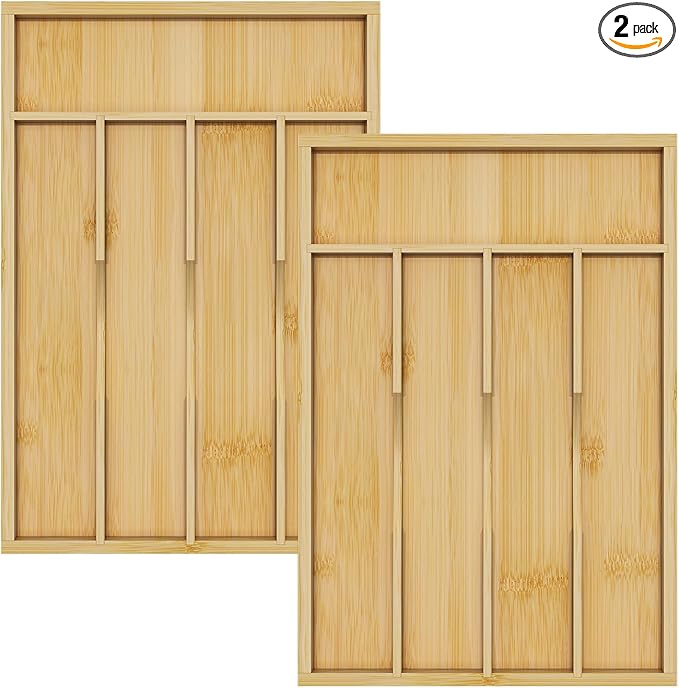 Bamboo Utensil Organizer for Kitchen Drawers, Utensil Tray and Cutlery Silverware Holder,Wood Drawer Dividers with 5 Slots，2 pack