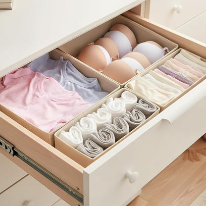 Drawer Organizer Set 4 Pack - Fabric Storage Bins for Underwear Socks Bras Baby Clothes - Closet Dresser Organizers Dividers for Bedroom Nursery, Beige