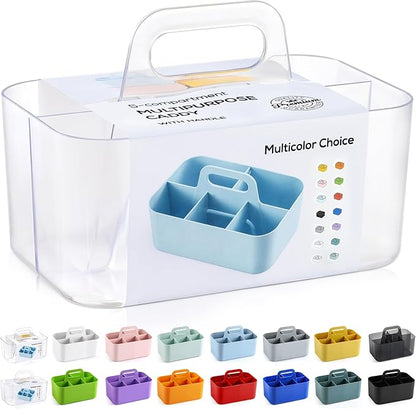 Multiuse Caddy Organizer with Handle - Stackable Plastic Bin - Divided Storage Tote Holder for Art Craft Supplies, Makeup, Bathroom, Shower, Cleaning, Kitchen, Office, Dorm, Desktop - Frosted Clear
