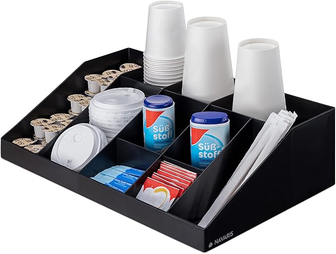 Navaris Coffee Station Organiser - 10 Compartment Coffee Bar Organiser for Office & Kitchen - Black
