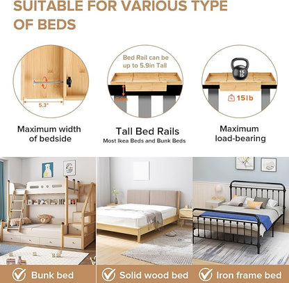 High Capacity Bedside Shelf, Bunk Bed Side Table, Loft Nightstand Organizer Tray, Loft Bed Shelf with Scalable Tray for Dorm Room, Clip On Nightstand with Cord Holder - Natural Bamboo
