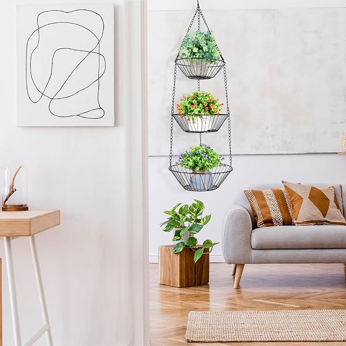 Maxdot 2 Pack 3-tier Hanging Fruit Basket with Sturdy Metal Chain Hanging Wall Fruit Basket for Kitchen Heavy Duty Wire Storage for Potatoes, Onions, Oranges, Bananas, Limes, Lemons