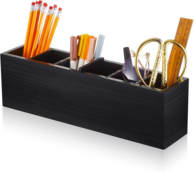 Jetec Wooden Pencil Pen Holder for Desk 6 Compartments Wood Office Desk Organizers for Countertop Adjustable Makeup Brush Organizer Silverware Caddy for Party, Home, Art Supplies(Black)