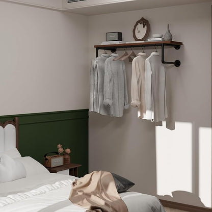 Clothes Rack 36in, Wall Mounted Garment Racks with Brown Real Wood Shelf, Heavy Duty Hanging Clothes Rack, Multi-Purpose Hanging Rod, Space-Saving Closet Storage