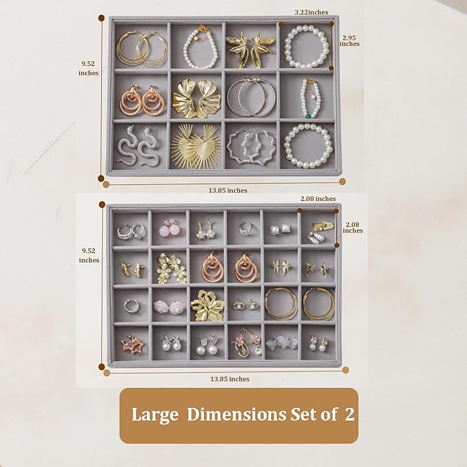 KATISYIO Large Velvet Jewelry Tray 2 Pack Stackable Jewelry Display Drawer Inserts Trays Organizer for Earring Bracelet Necklace Ring (Gray, 12 Grids+24 Grids)