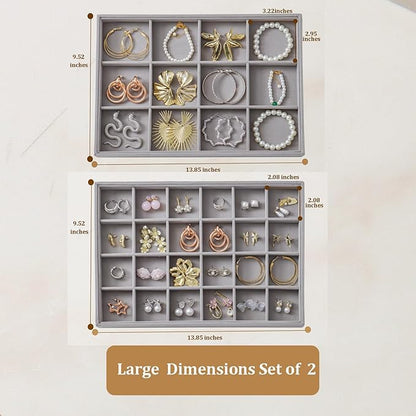 KATISYIO Large Velvet Jewelry Tray 2 Pack Stackable Jewelry Display Drawer Inserts Trays Organizer for Earring Bracelet Necklace Ring (Gray, 12 Grids+24 Grids)