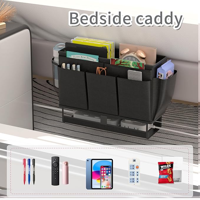 Frjjthchy Bedside Caddy, Bed Organizer with 11 Pockets and Power Strip Holder,Versatile Bedside Storage Caddy for Home,Dorm,Bunk,Hospital,Crib Bed (Black)