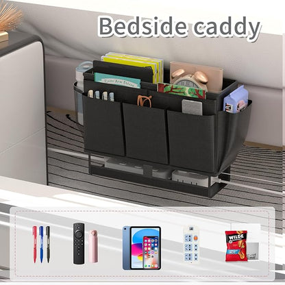 Frjjthchy Bedside Caddy, Bed Organizer with 11 Pockets and Power Strip Holder,Versatile Bedside Storage Caddy for Home,Dorm,Bunk,Hospital,Crib Bed (Black)