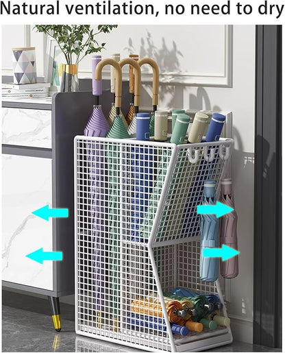 Commercial Metal Umbrella Stand Indoor Large-Capacity Entrance Umbrella Storage Rack with Removable Drip Tray Indoor Hotel Corridor Entrance Metal Stand Rack for Hotel,Offices(White)