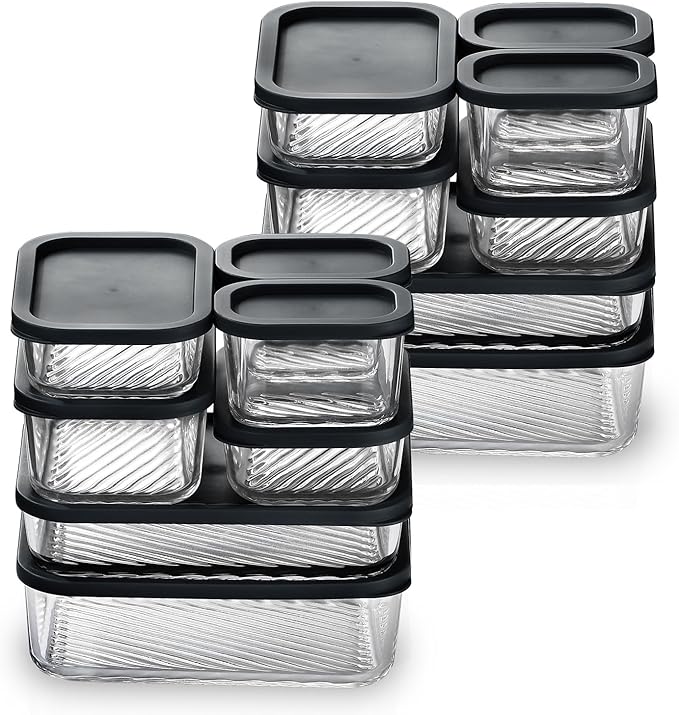 EATEX 14 Pack Glass Meal Prep Containers with Grooved Base, 14 Stackable BPA Free Glass Storage Containers with Lids for Lunch, Pantry, and Kitchen - Microwave, Dishwasher Freezer & Oven Safe - Black