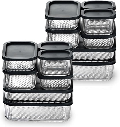 EATEX 14 Pack Glass Meal Prep Containers with Grooved Base, 14 Stackable BPA Free Glass Storage Containers with Lids for Lunch, Pantry, and Kitchen - Microwave, Dishwasher Freezer & Oven Safe - Black