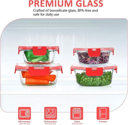 KOMUEE 24 Pieces Glass Food Storage Containers Set, Meal Prep Containers-Stackable Airtight Glass Storage Containers with lids,Freezer, Microwave, Oven Safe,Red