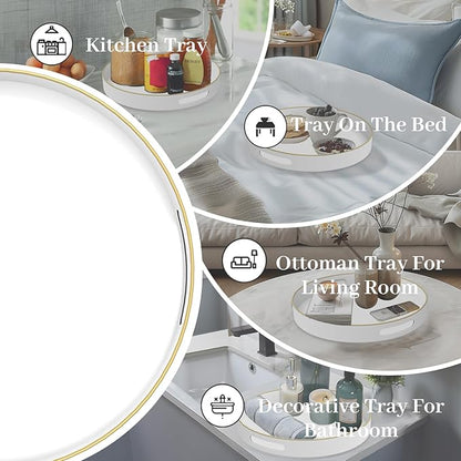 MAONAME White Decorative Tray for Coffee Table, Modern Round Serving Tray with Handles, 13" Plastic Tea Trays for Ottoman, Bathroom Decor