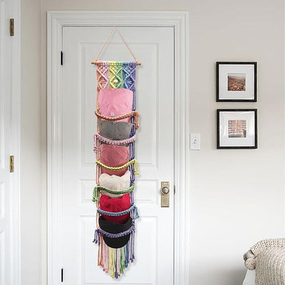KaloKalo Macrame Cap Holder Boho Hat Hangers Over Door Decorative Bohemian Handmade Ball Cap Rack Organizer Colorful Woven Wall Hanging for Baseball Cap Display Decorations (Rainbow, Up to 12 Caps)