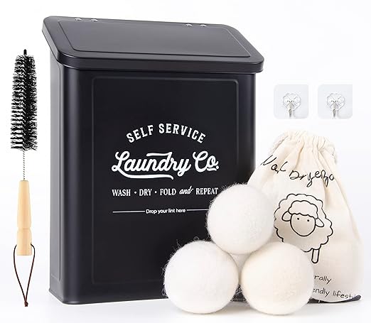 Magnetic Lint Bin for Laundry Room, Metal Trash Can with Lid for Dryer, Farmhouse Lint Holder, Laundry Co Sign, Laundry Room Storage Decor with Dryer Lint Brush (Black-Dryer Ball Set)