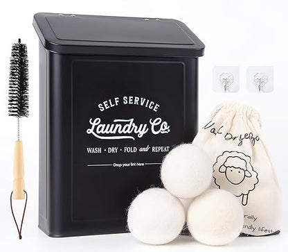 Magnetic Lint Bin for Laundry Room, Metal Trash Can with Lid for Dryer, Farmhouse Lint Holder, Laundry Co Sign, Laundry Room Storage Decor with Dryer Lint Brush (Black-Dryer Ball Set)