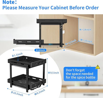 Pull Out Spice Racks for Inside Cabinets, 2-Tier Cabinet Spice Rack, Height Adjustable Spice Rack Organizer for Cabinet, Kitchen Vertical Spice Rack (9.7''Wx10.8''Dx9.2''H, Metal Black)