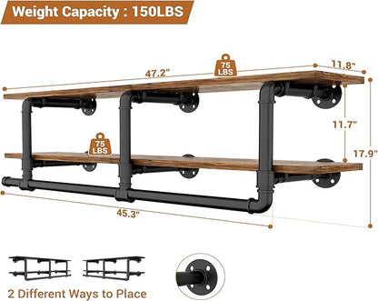 Aheaplus Industrial Pipe Clothes Rack with Top Shelf, 47In Space-Saving Wall Mounted Clothing Rack, 2 Tiers Heavy Duty Pipe Clothing Shelves with Hanging Rod for Laundry Room, Closet, Rustic Brown
