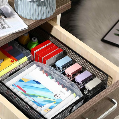 Tandefio 3 Pcs Desk Drawer Organizer Bulk Metal Mesh Trays A4 Large Desktop Storage Box Portable Wire File Basket with Handle for Office Supplies Craft Magazine Paper 12.87" x 9" x 2.4"(Black)
