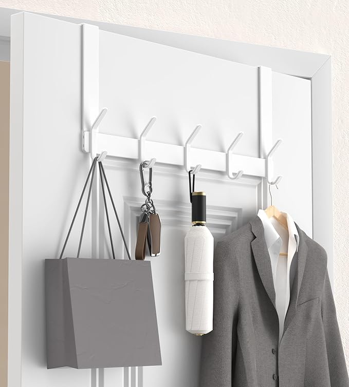 KitchLife Over The Door Hooks Hanger with 7 inches Extended Arms, Fit for 1-3/8" Doors, J18U, Bathroom Towel Rack Organization, Thickened 1 Pack Double-Hook, Glossy White