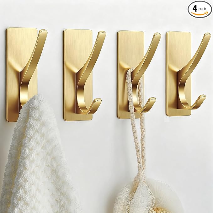 Josmimic Gold Self Adhesive Towel Hooks, Extra Sticky and Strong 10LB, Stainless Hook for Bathroom, 4 Pack