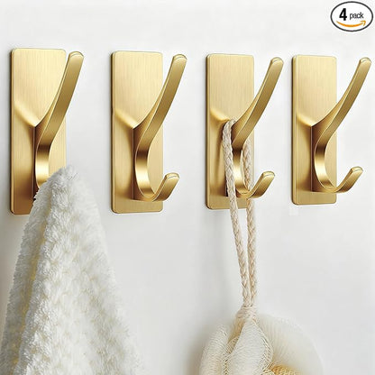 Josmimic Gold Self Adhesive Towel Hooks, Extra Sticky and Strong 10LB, Stainless Hook for Bathroom, 4 Pack