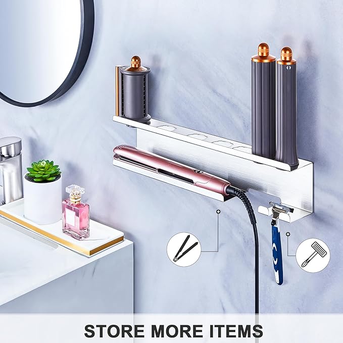 YAYINLI Hair Dryer Holder, Blow Dryer Holder Wall Mount for Curling Iron Attachment Organizers Storage, Adhesive Hair Dryer and Curling Iron Holder, Silver Straightener Holder Hair Tools Organizer