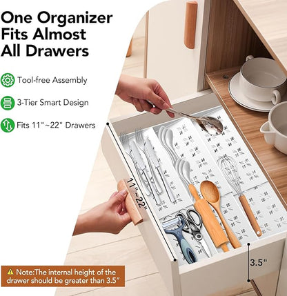 Idcymoul Spice Drawer Organizer 3-Tier Expandable (11"-22" Wide), Spice Rack for Cabinet with Funnel & Spice Labels, Fits Large Jars, Seasoning Storage Insert Design for Cabinet & Drawer (White)