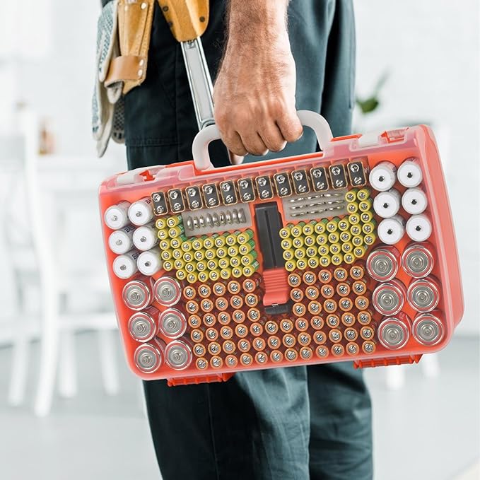 Battery Organizer Storage Holder Case with Double-Sided, Garage Box with Tester Checker. Batteries Container for 269pcs AA AAA AAAA 3A 4A 9V C D Lithium 4LR44 CR2 CR123A CR1632 CR2032 18650 - Orange