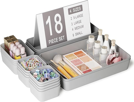 Homhut 18 pcs Desk Drawer Organizer Tray, Multiple Sizes Plastic Drawer Organizer Storage, Stackable Organizer Containers For Makeup, Bedroom, Kitchen Gadgets Utensils and Office