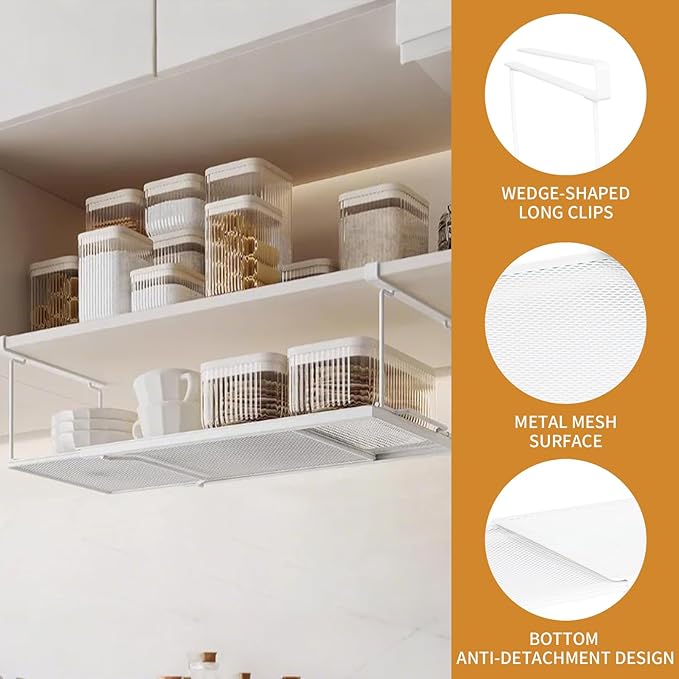 Expandable Hanging Under Shelf Storage Basket,Under Shelf Storage Organizer,Under Hanging Baskets for Cabinet,Pantry, Desk Organization,7.87" D x 14.96"-27.56W x 5.12" H,White