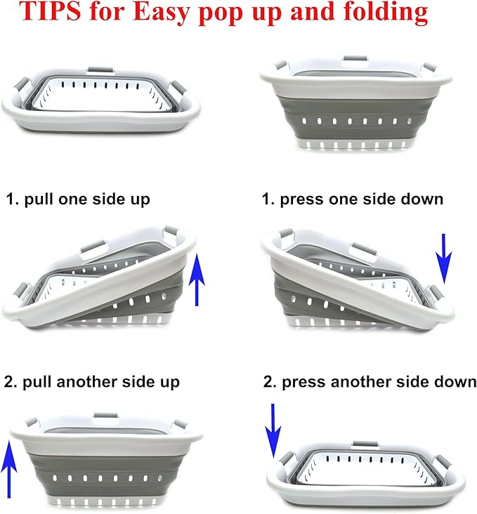 SAMMART 41L (10.8 gallon) Set of 2 Collapsible 3 Handled Plastic Laundry Basket-Foldable Pop Up Storage Container/Organizer-Space Saving Hamper/Basket (2, White/Grey)