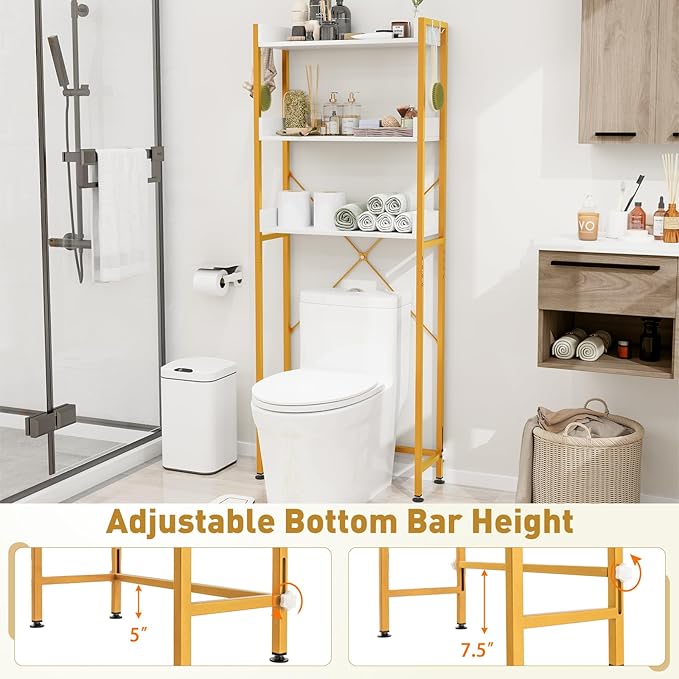 LOKO 3-Tier Over The Toilet Storage Rack, Bathroom Space Saver Shelf, Freestanding Above Toilet Organizer with 4 Hooks, Anti-Tipping Device, Metal Frame Toilet Rack for Balcony Laundry (White+Gold)